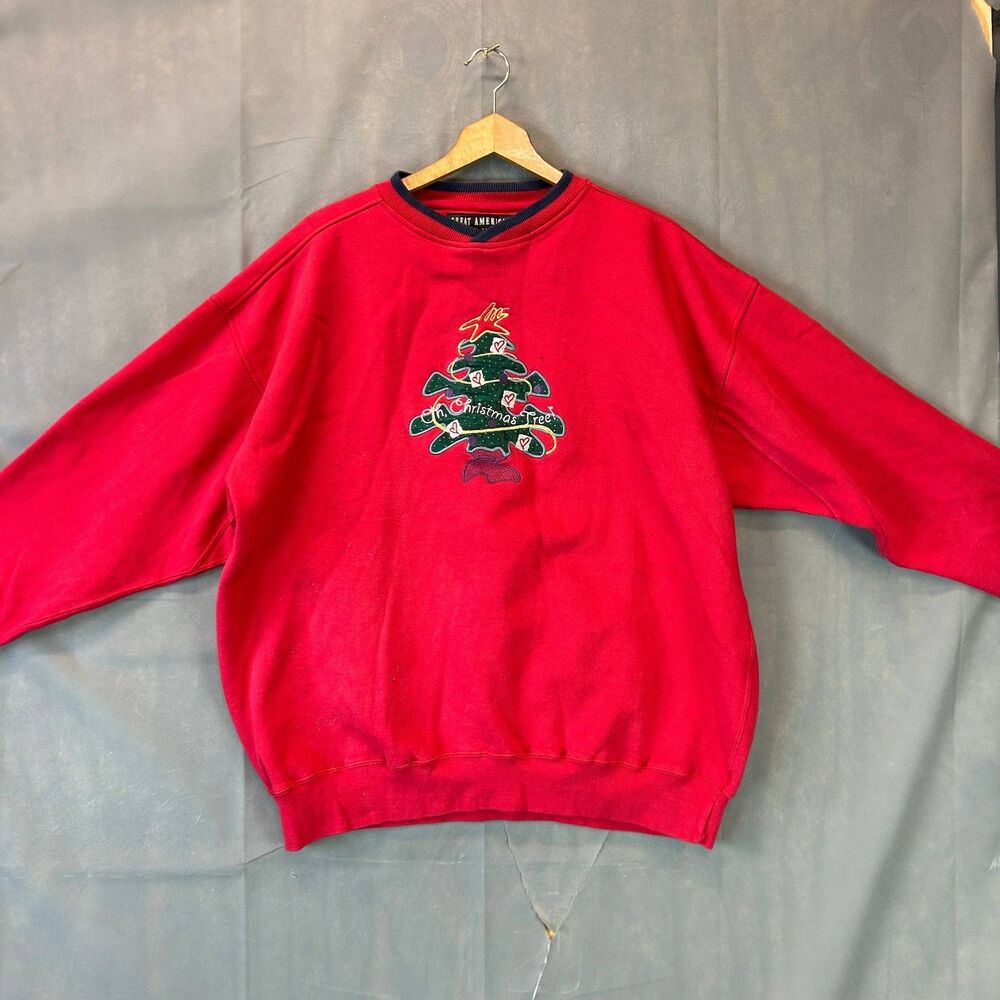 Great American Christmas Sweatshirt Womens XL Red Tree Embroidered Vtg Grandma